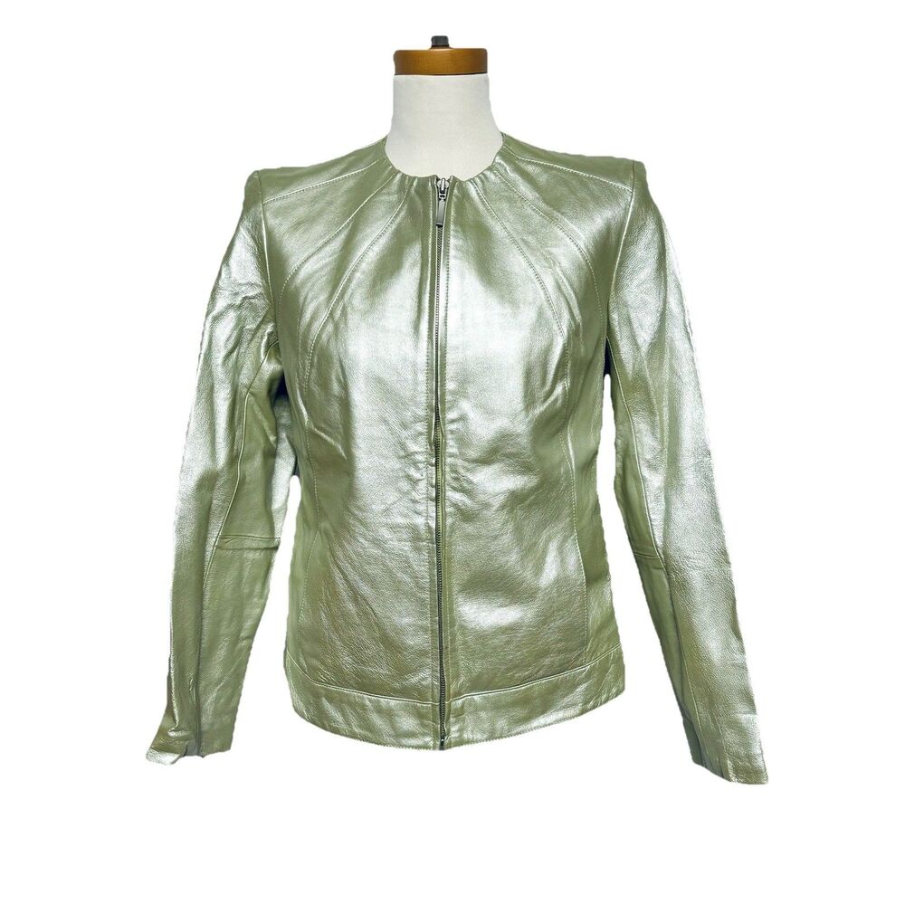 Dialogue Pale Green Leather Shimmer Jacket Full Zip w Zip Cuffs Women's sz Small